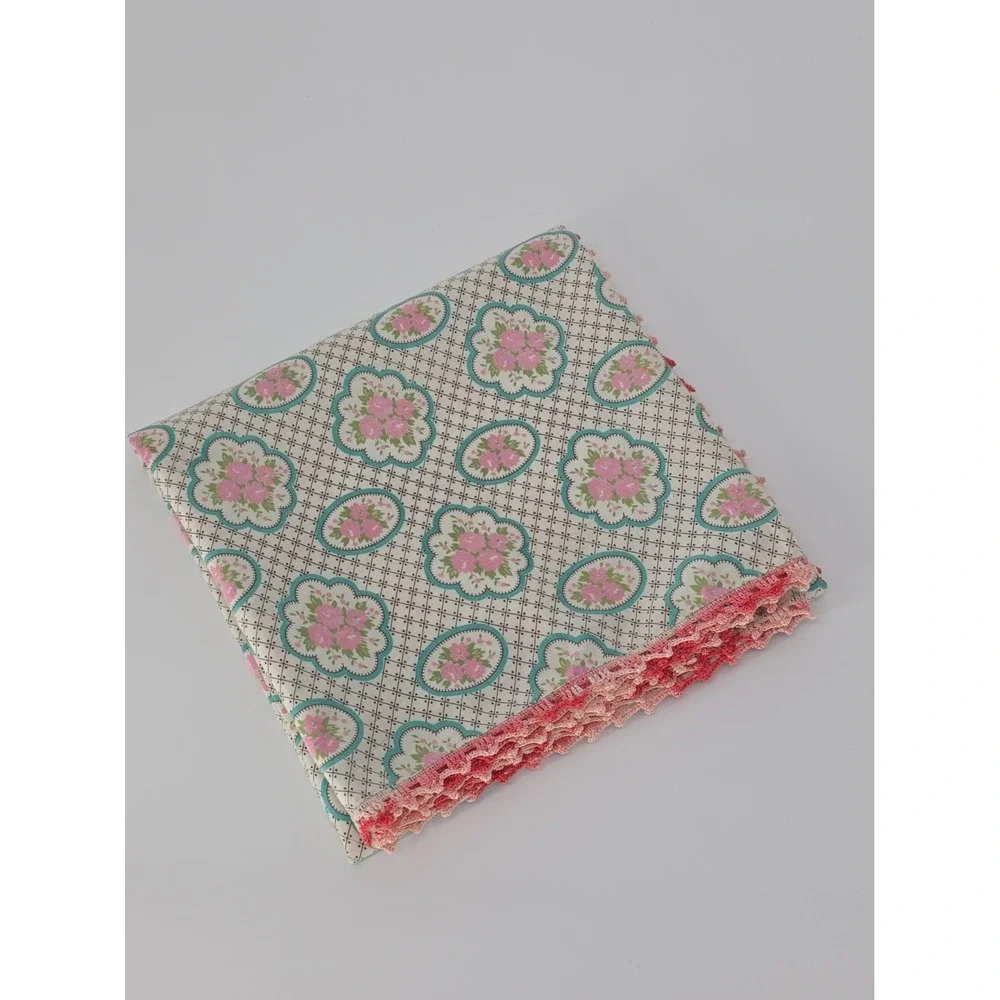 VTG Tablecloth Table Topper Square Card Table Green Pink Crochet Cottage 33